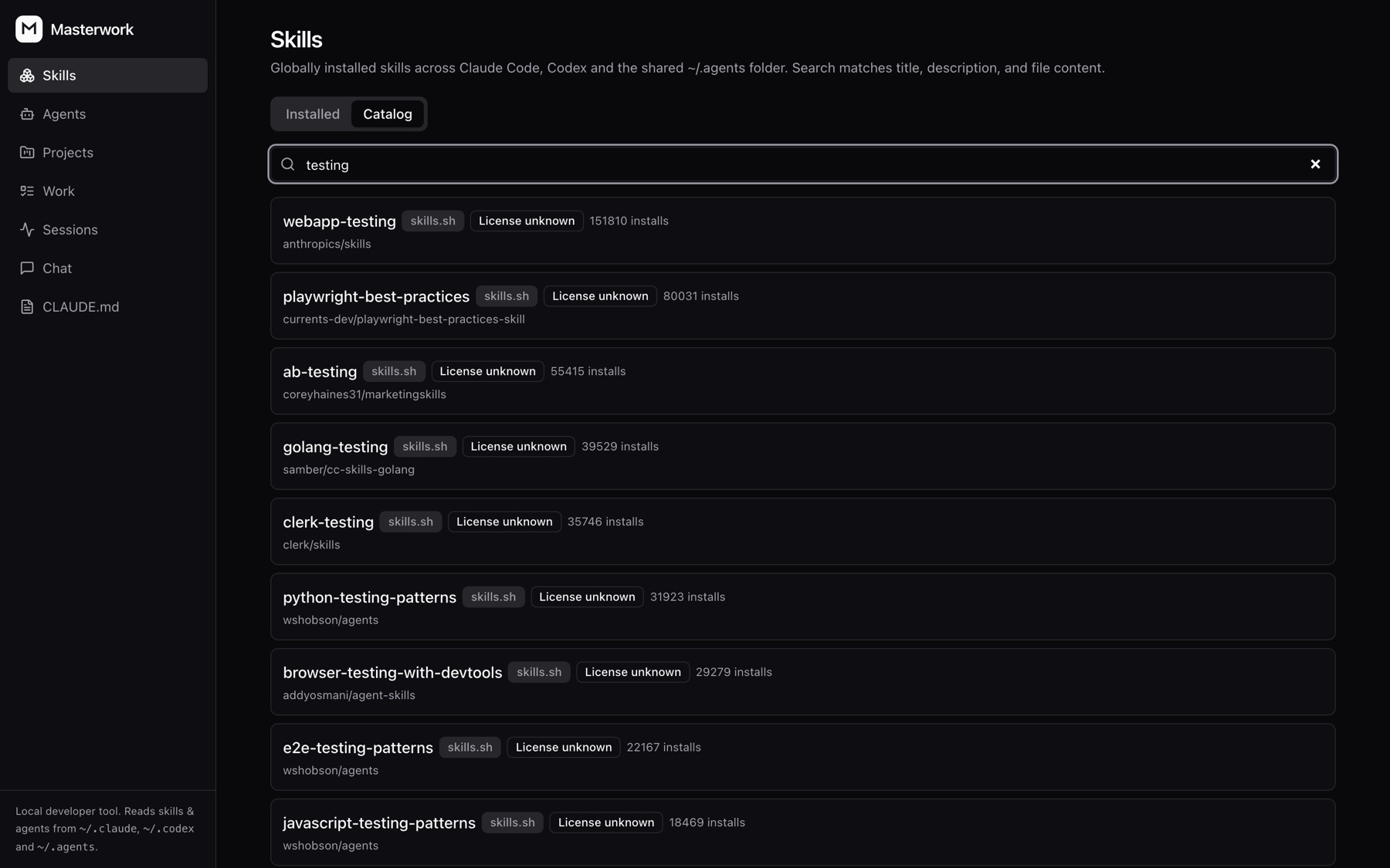 Catalog search results, each with its source and license